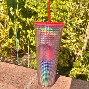 Starbucks Pink Rainbow Iridescent Grid 24 oz tumbler cold cup